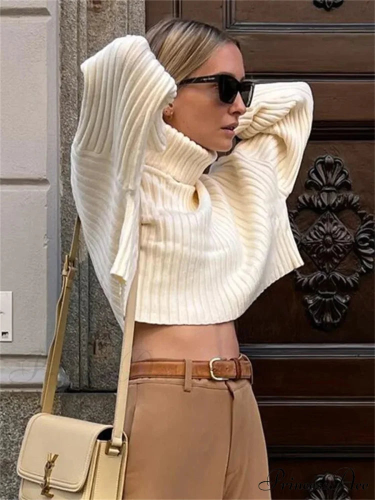 Tall Collar  Ribbed  Shortened Sweater