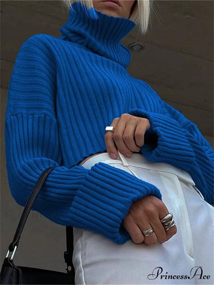 Tall Collar  Ribbed  Shortened Sweater