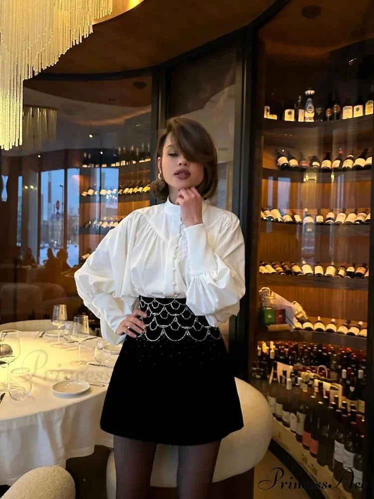 Tall Collar Tuck Puff Sleeve Ivory Blouse