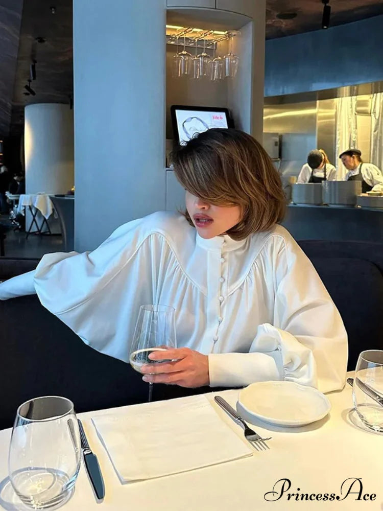 Tall Collar Tuck Puff Sleeve Ivory Blouse