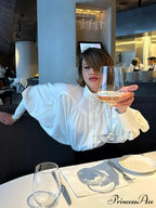 Tall Collar Tuck Puff Sleeve Ivory Blouse