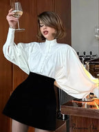 Tall Collar Tuck Puff Sleeve Ivory Blouse