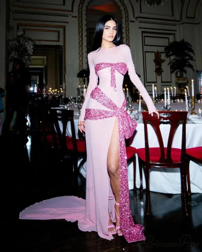 Tall Split Sparkling Mesh Prom Gown