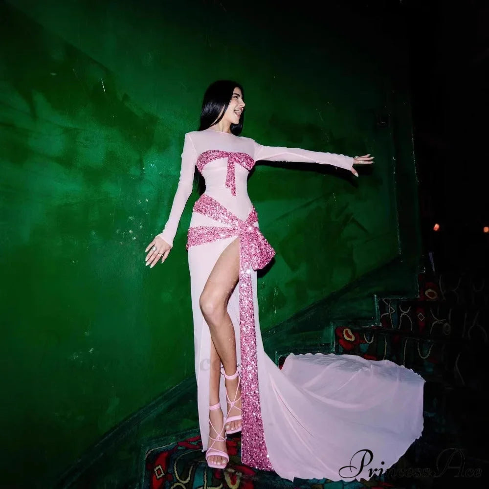 Tall Split Sparkling Mesh Prom Gown