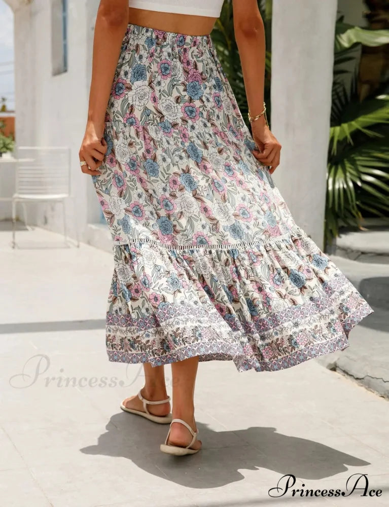 Tall Waist Flowered Shore Skirt A-line Frilled Lace Vacation Maxi