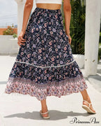 Tall Waist Flowered Shore Skirt A-line Frilled Lace Vacation Maxi