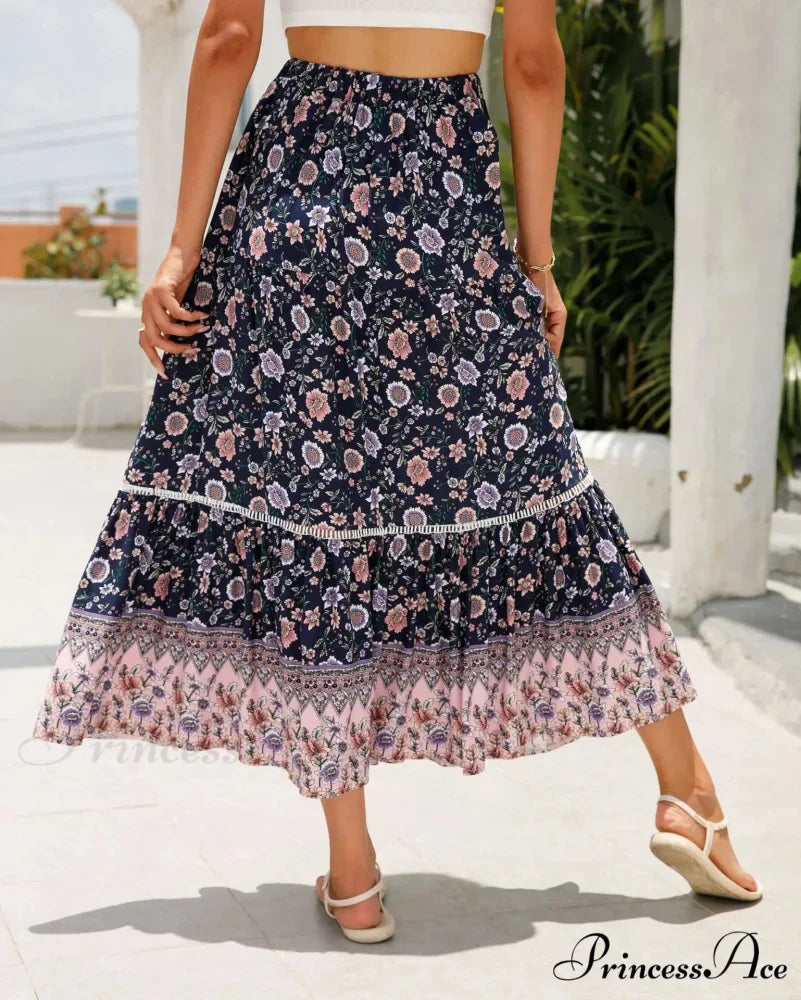 Tall Waist Flowered Shore Skirt A-line Frilled Lace Vacation Maxi