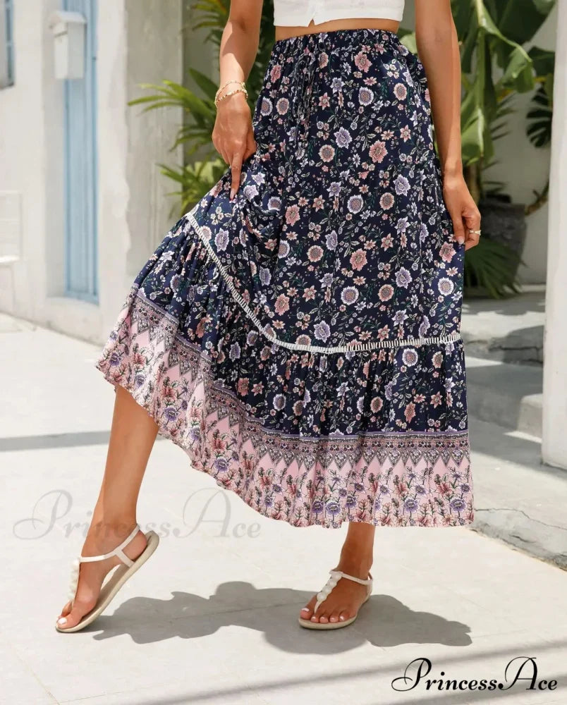 Tall Waist Flowered Shore Skirt A-line Frilled Lace Vacation Maxi