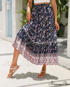 Tall Waist Flowered Shore Skirt A-line Frilled Lace Vacation Maxi