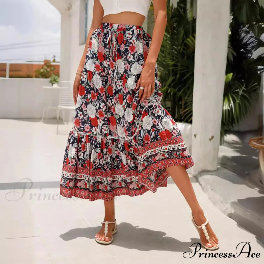 Tall Waist Flowered Shore Skirt A-line Frilled Lace Vacation Maxi