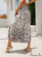 Tall Waist Flowered Shore Skirt A-line Frilled Lace Vacation Maxi