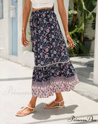 Tall Waist Flowered Shore Skirt A-line Frilled Lace Vacation Maxi