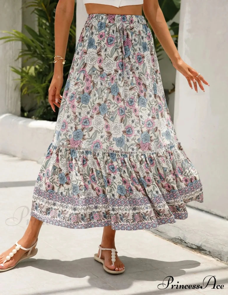 Tall Waist Flowered Shore Skirt A-line Frilled Lace Vacation Maxi