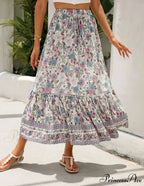 Tall Waist Flowered Shore Skirt A-line Frilled Lace Vacation Maxi
