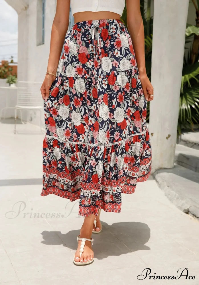 Tall Waist Flowered Shore Skirt A-line Frilled Lace Vacation Maxi