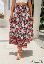 Tall Waist Flowered Shore Skirt A-line Frilled Lace Vacation Maxi