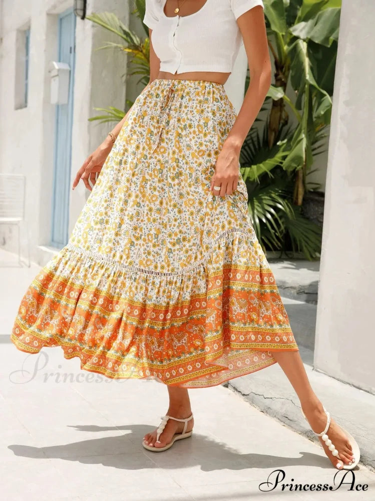 Tall Waist Flowered Shore Skirt A-line Frilled Lace Vacation Maxi