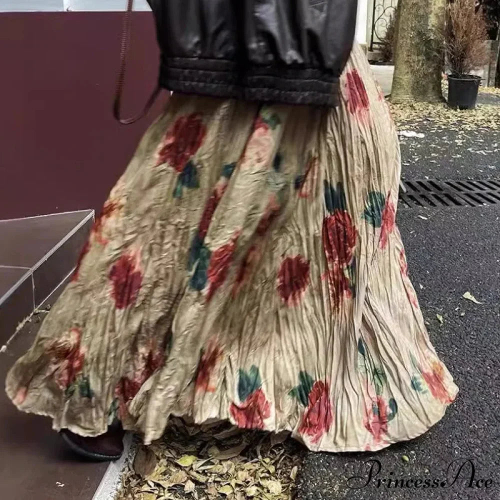 Tall Waist Pink Pendulum Skirt Bohemian Draped Pleated Retro Maxi