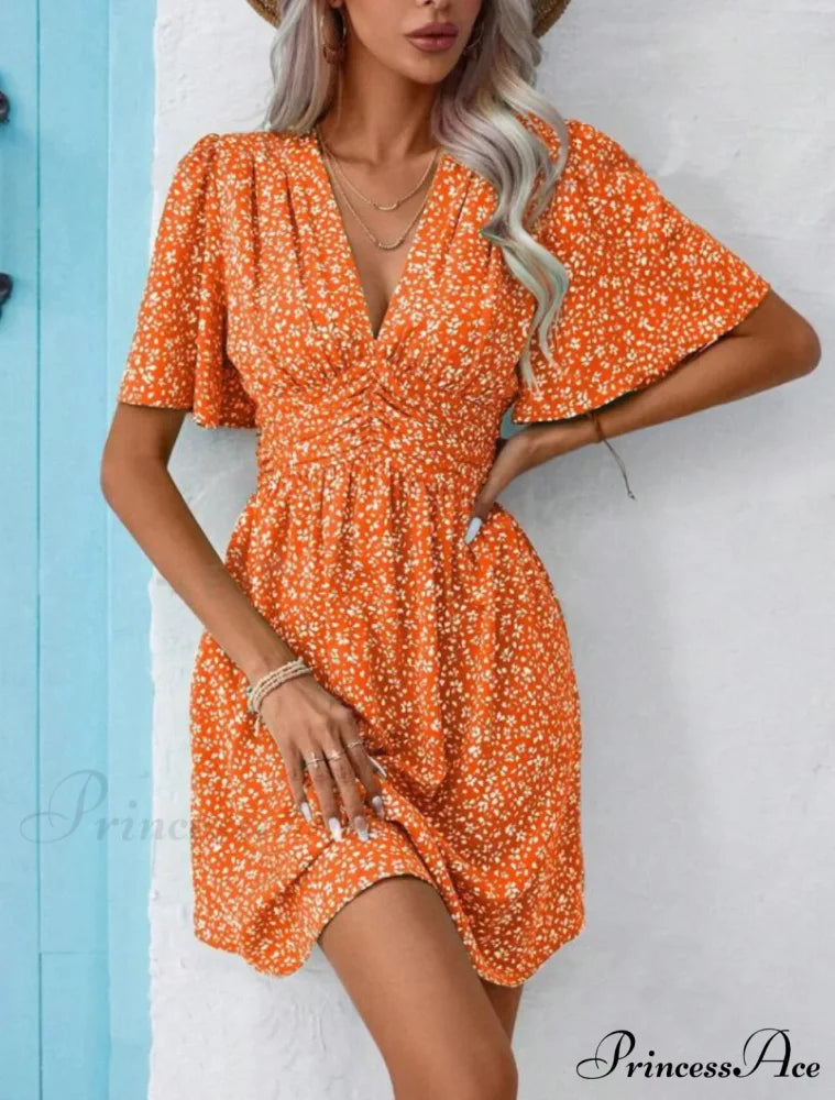 Tall Waisted V-neck Ruffled Floral Dress