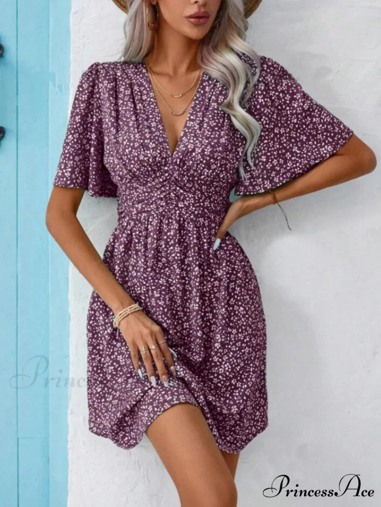 Tall Waisted V-neck Ruffled Floral Dress