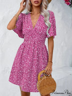 Tall Waisted V-neck Ruffled Floral Dress