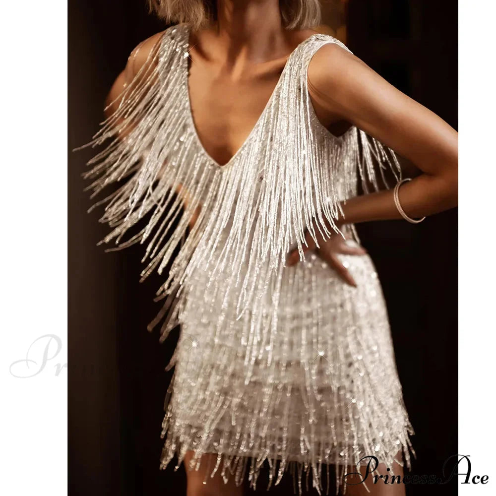 Tassel Sequins White Mini Dress