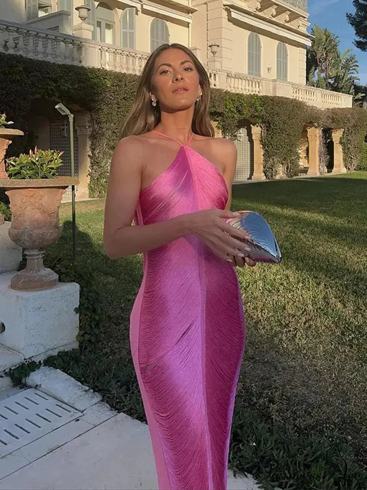 Tassel Shinny Halter Off Shoulder Party Dress