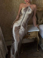 Tassel Shinny Halter Off Shoulder Party Dress