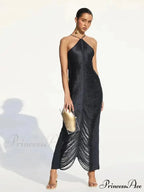 Tassel Shinny Halter Off Shoulder Party Dress