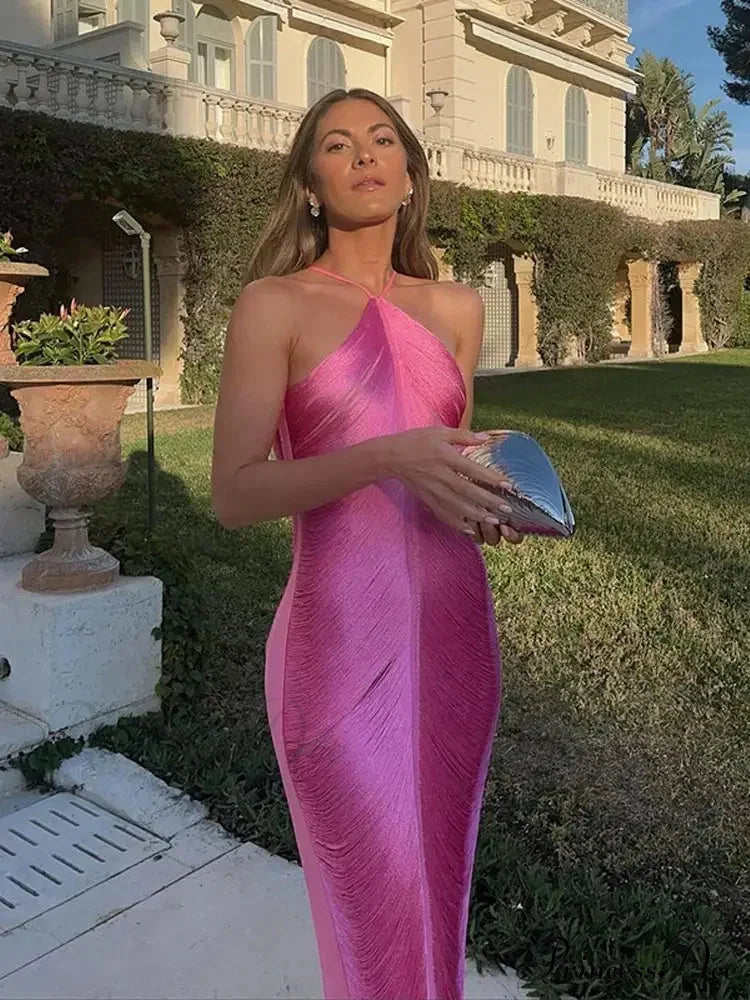 Tassel Shinny Halter Off Shoulder Party Dress