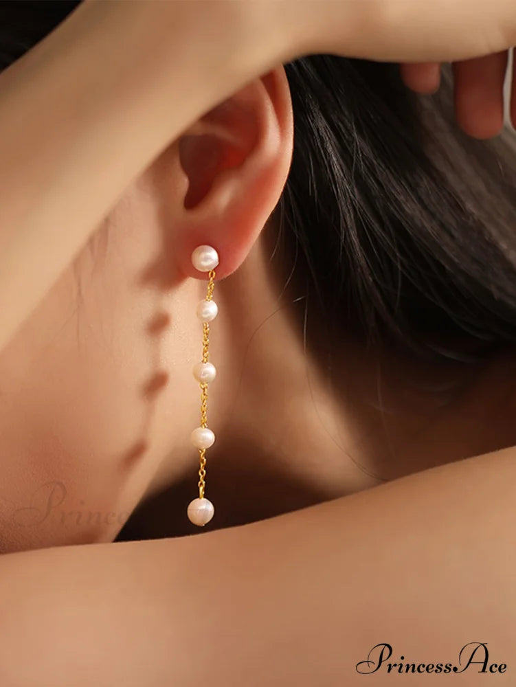 Temperament Simple Long Chain Tassel Faux Pearl Earrings