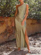 Temperament Slim Fit One Graceful Shoulder Split Satin Dress