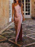 Temperament Slim Fit One Graceful Shoulder Split Satin Dress