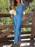 Temperament Slim Fit One Graceful Shoulder Split Satin Dress