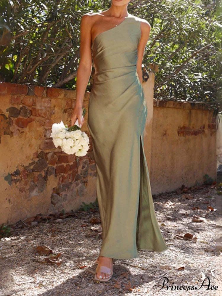 Temperament Slim Fit One Graceful Shoulder Split Satin Dress