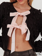 Textured Bow Tie Twisted Knit Cardigan