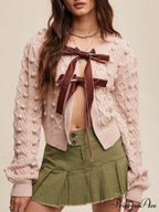 Textured Bow Tie Twisted Knit Cardigan