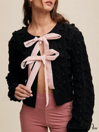 Textured Bow Tie Twisted Knit Cardigan