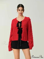 Textured Bow Tie Twisted Knit Cardigan