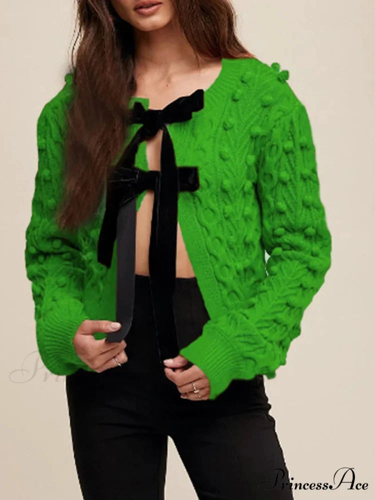Textured Bow Tie Twisted Knit Cardigan