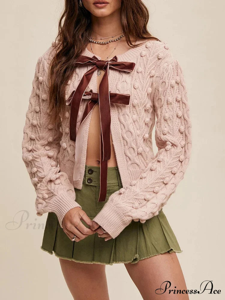 Textured Bow Tie Twisted Knit Cardigan