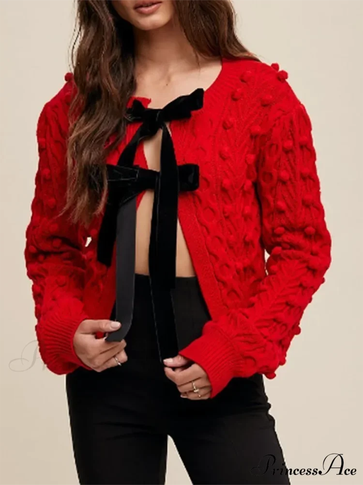 Textured Bow Tie Twisted Knit Cardigan