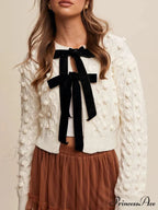 Textured Bow Tie Twisted Knit Cardigan