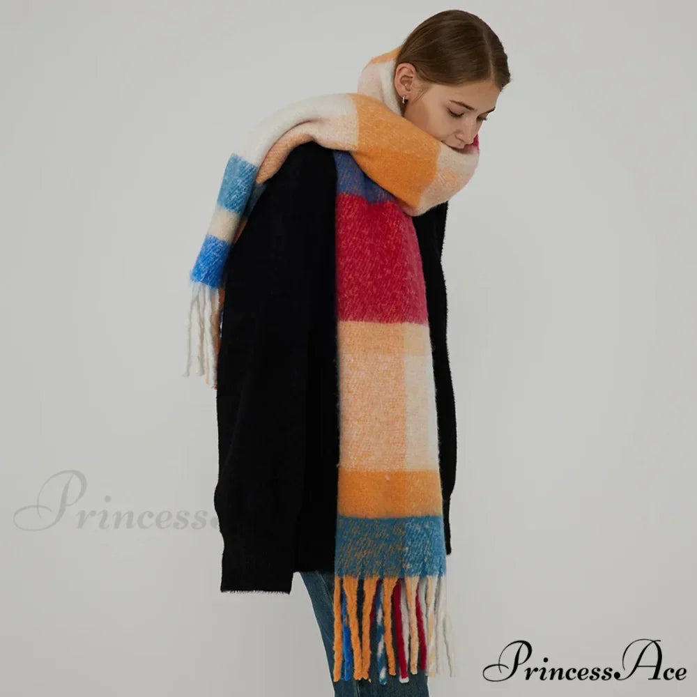 Thick Warm Tassel Contrast Color Scarf for Autumn/Winter