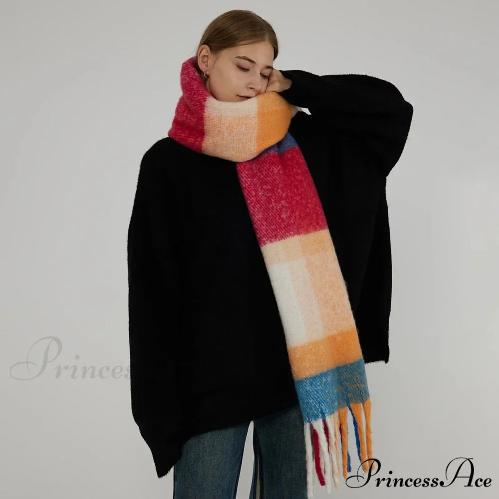 Thick Warm Tassel Contrast Color Scarf for Autumn/Winter