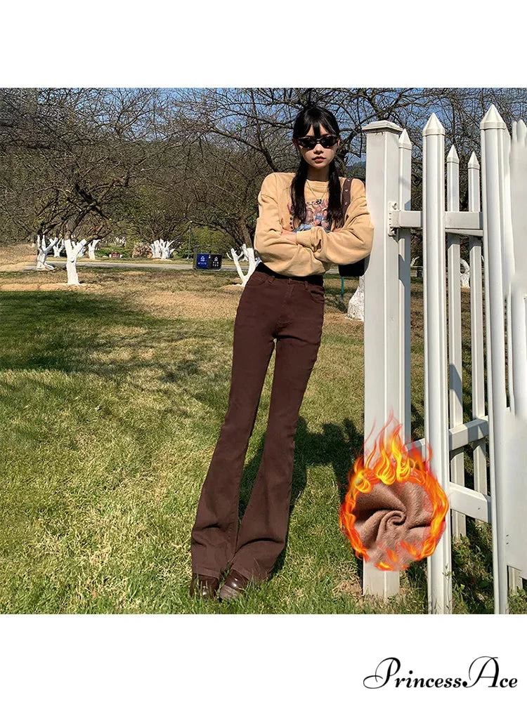 Thicken Winter Warm Slim Fleece Flared Pants Elastic Skinny Women's Fashion High Waist Velvet Plus Length Female Jean
