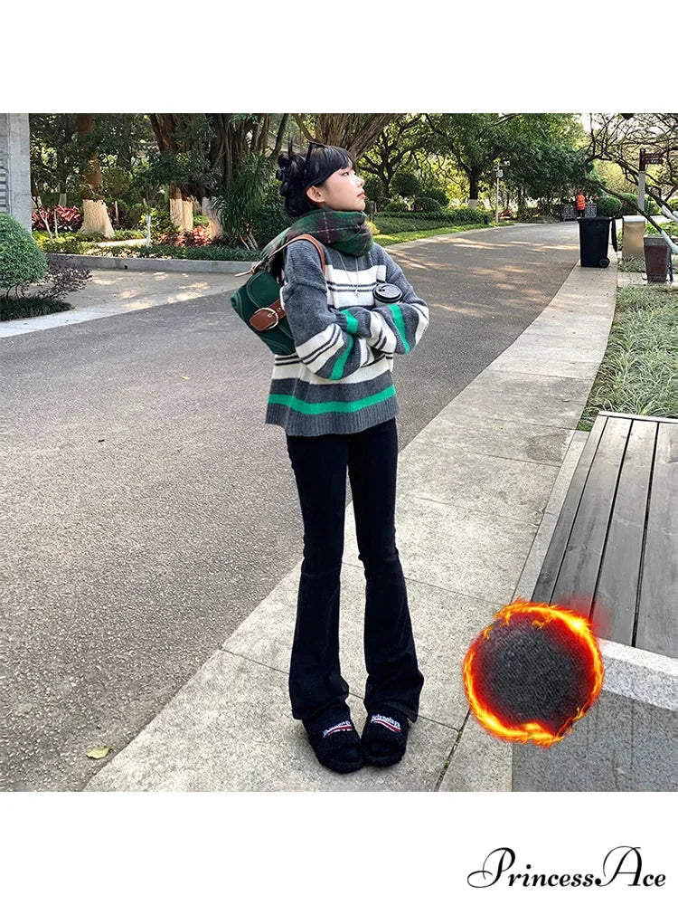 Thicken Winter Warm Slim Fleece Flared Pants Elastic Skinny Women's Fashion High Waist Velvet Plus Length Female Jean