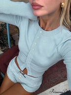 Thin Azure Round Neck Knitted Cardigan