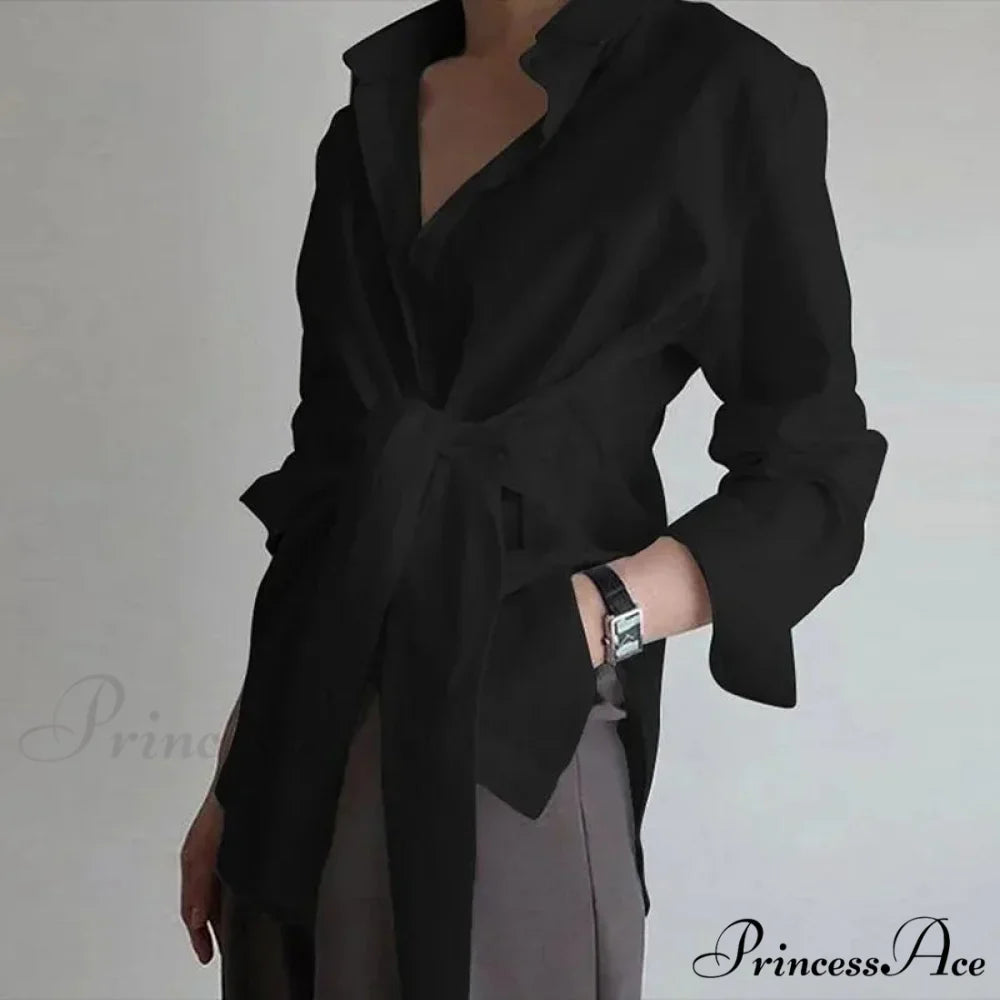 Thin Button Gathered Lace-Up Blouse