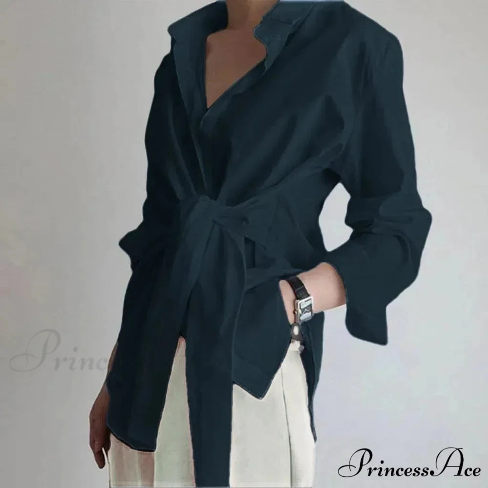 Thin Button Gathered Lace-Up Blouse